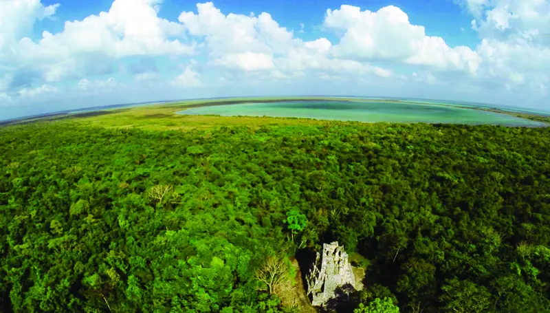 Vista panorámica de selva verde y laguna turquesa al horizonte